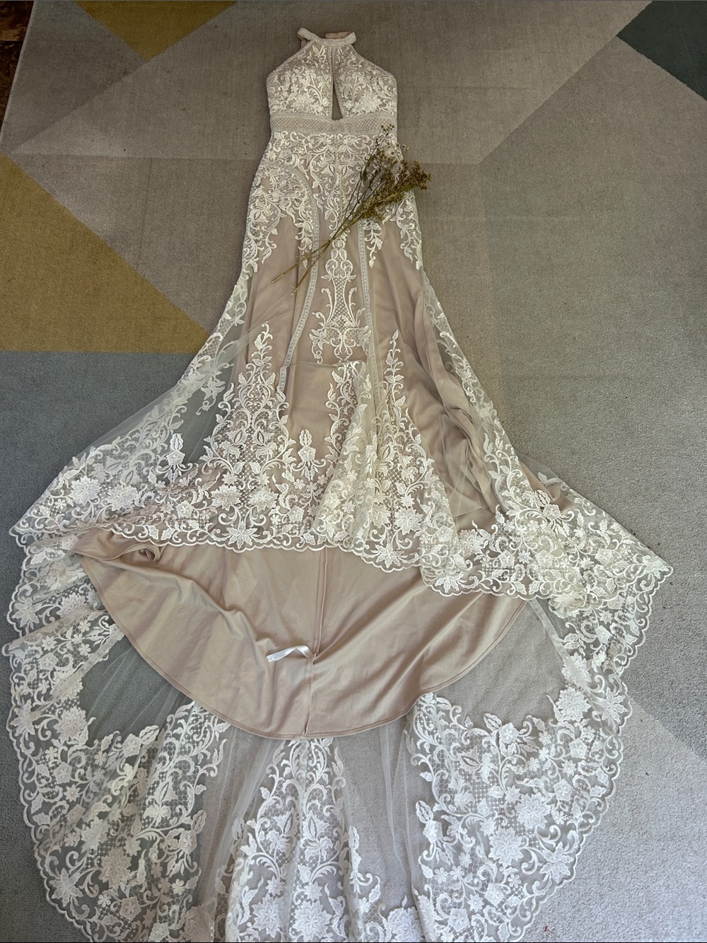 Halter Lace Wedding Gown in Nude with Ivory Overlay - Picture 3 of 11